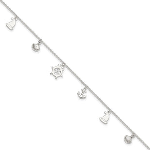 Sterling Silver Polished Ocean Theme 10in Plus 1in Ext. Anklet
