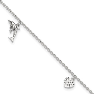 Sterling Silver Polished Heart Star and Dolphin 10in Plus 1in ext. Anklet (Style QG2788-9)