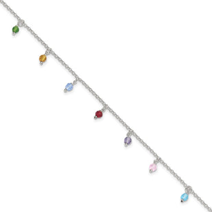Sterling Silver Polished Multi-colored Beads 10in Plus 1in ext. Anklet (Style QG2817-9)