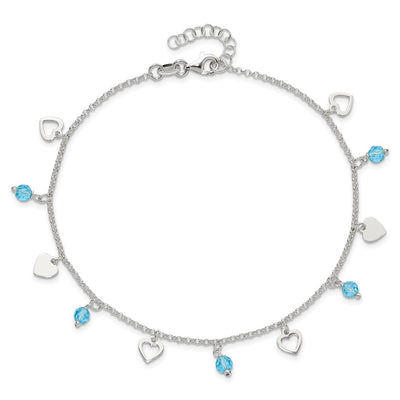 Sterling Silver Heart and Blue Glass Plus1in ext. Anklet