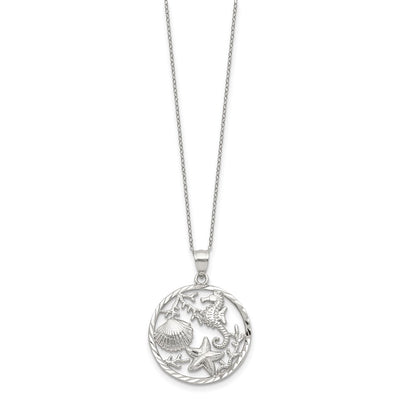 Sterling Silver Rhodium-plated Seahorse, Starfish and Shell Pendant