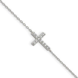 Sterling Silver Rhodium-plated CZ Sideways Cross w/1in Ext Bracelet (Style QG3470-7)