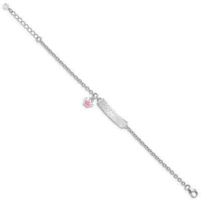 Sterling Silver Rhodium-plated Polished & Pink Enameled Crown with Extension Children's ID Bracelet