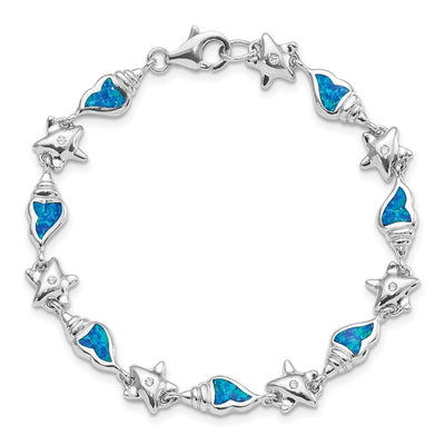 Sterling Silver Rhodium Starfish CZ and Created Opal Seashell Bracelet