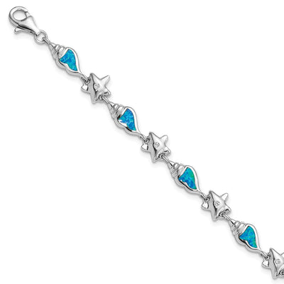 Sterling Silver Rhodium Starfish CZ and Created Opal Seashell Bracelet