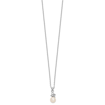 Sterling Silver Rhodium-plated White Button Freshwater Cultured Pearl and CZ Necklace, 17 x 8mm