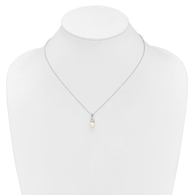 Sterling Silver Rhodium-plated White Button Freshwater Cultured Pearl and CZ Necklace, 17 x 8mm