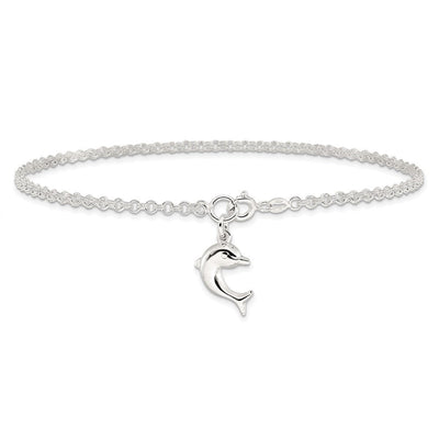 Sterling Silver Hollow Polished 3-D Dolphin Anklet