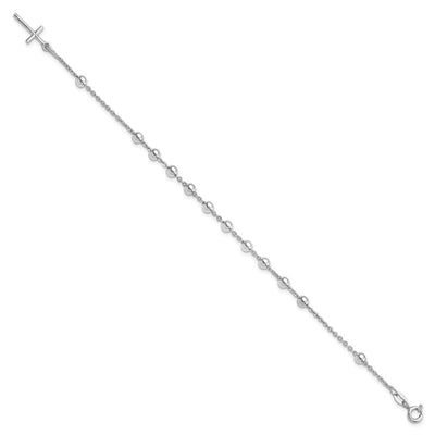 Sterling Silver Rhodium Plated Polished Beaded Cross Bracelet, 7 x 1mm