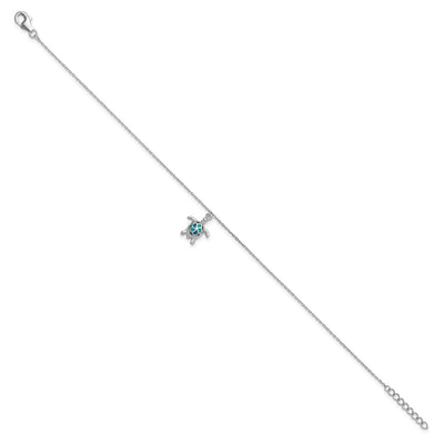 Sterling Silver Rhodium-plated Polished Created Opal Turtle with a Extention Anklet