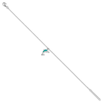 Sterling Silver Rhodium-plated Created Opal Dolphin with an extention Anklet