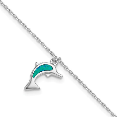 Sterling Silver Rhodium-plated Created Opal Dolphin with an extention Anklet