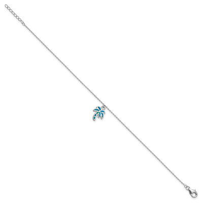 Sterling Silver Rhodium-plated Created Opal Palm Tree with a extention Anklet