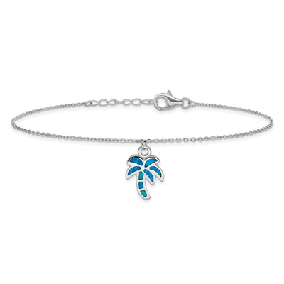 Sterling Silver Rhodium-plated Created Opal Palm Tree with a extention Anklet