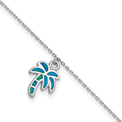 Sterling Silver Rhodium-plated Created Opal Palm Tree with a extention Anklet