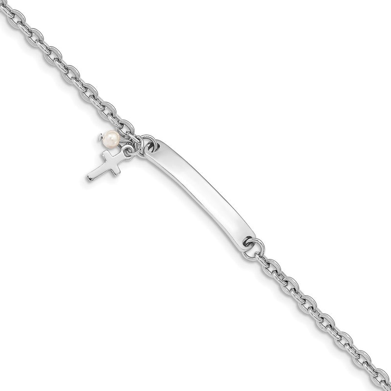 Sterling silver pearl cross ID bracelet