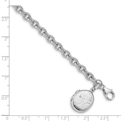 Sterling Silver Rhodium-plated Textured Oval Locket Bracelet