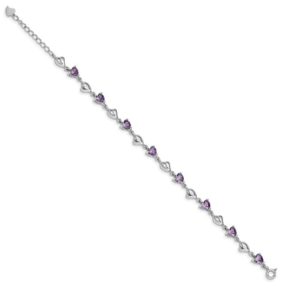 Sterling Silver Rhodium-plated w/1in ext Purple Crystal Hearts Bracelet
