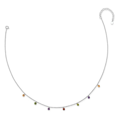 Prizma Sterling Silver Rhodium Plated Dangling Colorful CZ Necklace with Extender