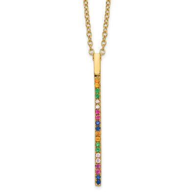 Prizma Sterling Silver Gold-tone 14K Flash Gold-plated Colorful CZ Vertical Bar Necklace with Extender