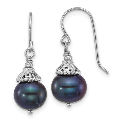 Sterling Silver Rhodium-plated Black Semi-Round Freshwater Cultured Pearl Necklace and Dangle Earrings Set