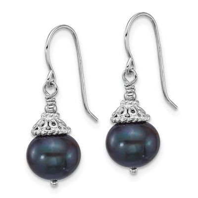 Sterling Silver Rhodium-plated Black Semi-Round Freshwater Cultured Pearl Necklace and Dangle Earrings Set