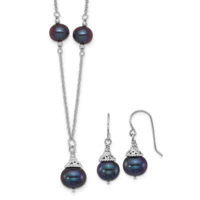 Sterling Silver Rhodium-plated Black Semi-Round Freshwater Cultured Pearl Necklace and Dangle Earrings Set