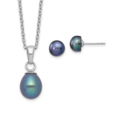 Sterling Silver Rhodium-plated Black Teardrop Freshwater Cultured Pearl Necklace and Button Post Earrings Set