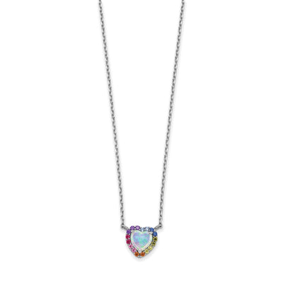 Sterling Silver Rhodium-plated Lab Created Opal and Colorful CZ Heart Necklace with Extender