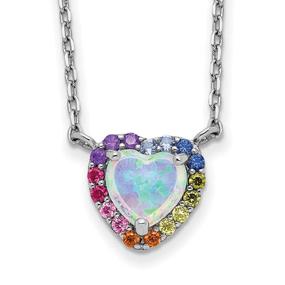 Sterling Silver Rhodium-plated Lab Created Opal and Colorful CZ Heart Necklace with Extender