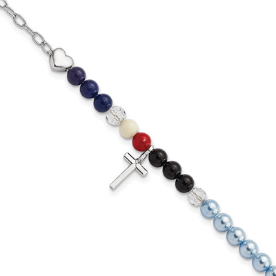 AMEN Sterling Silver Jesus' Story Multi Glass Pearl Onyx Agate Crystals Cross Fancy Lobster Clasp Bracelet with Extender