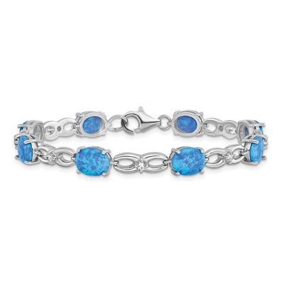 Sterling Silver Rhodium-plated Polished Blue Created Opal & CZ Bracelet