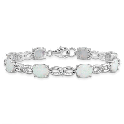 Sterling Silver Rhodium-plated Polished White Created Opal & CZ Bracelet