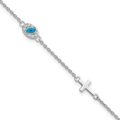 Sterling Silver RH CZ Enamel Cross w/Eye 6.5in w/1in ext Necklace