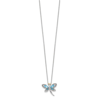 Brilliant Gemstones Sterling Silver with 14K Accent Rhodium-plated Light Blue Topaz and London Blue Topaz and Diamond Dragonfly Necklace with Extender, 20 x 22.5mm