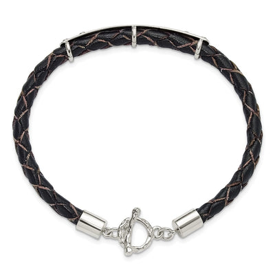 Sterling Silver Genuine Leather ID 8in Toggle Bracelet