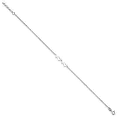Sterling Silver Rhodium-plated Hearts 9in Plus 1in ext Anklet, 10 x 5.75mm