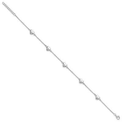 Sterling Silver Rhodium-plated Hearts 9in Plus 1in ext Anklet, 10 x 7mm
