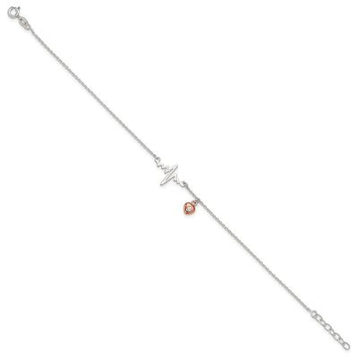 Sterling Silver Rose Tone CZ Heart and Heartbeat 9in Plus 1in ext. Anklet
