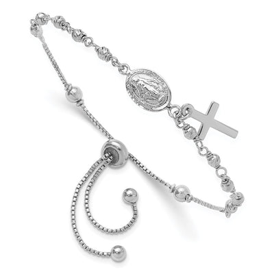 Sterling Silver Rh-plated Cross Dangle Rosary Adjustable Bracelet