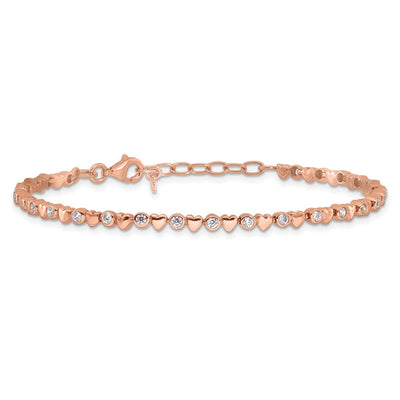 Sterling Silver Rose Tone Polished CZ and Hearts 7in w/1in ext. Bracelet