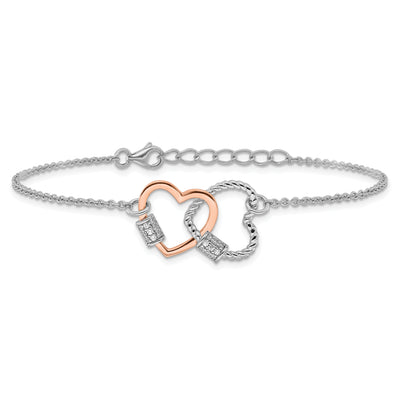 Sterling Silver Rh-plated Rose-tone Double Heart CZ w/2in ext Bracelet