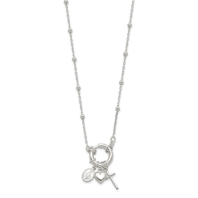 Sterling Silver Heart/Miraculous Medal/Cross Charm 18in Necklace