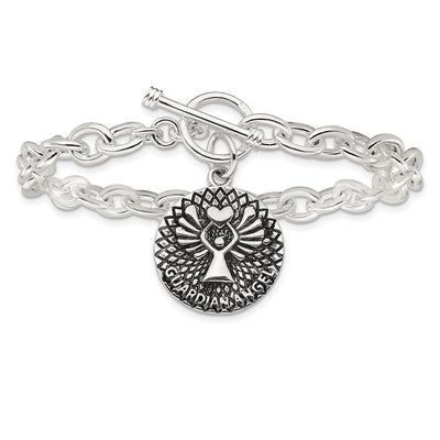 Sterling Silver Oxidized Dangle GUARDIAN ANGEL Toggle Clasp Necklace