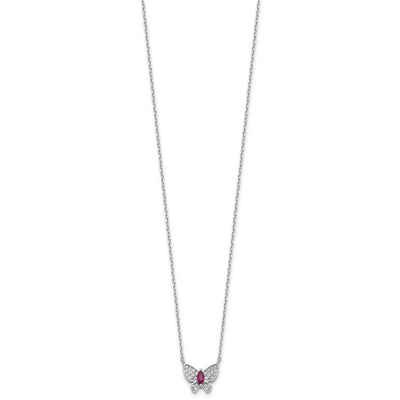 Sterling Silver Rhodium-plated Red White CZ Butterfly w/2in ext Necklace