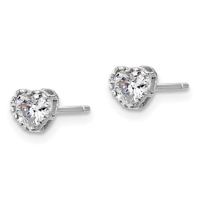 Sterling Silver Rhodium-plated Polished CZ Heart Children's 13in w/2in Ext. Necklace & Stud Earring Set