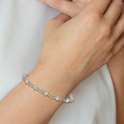 Sterling Silver Rhodium-plated Polished Round CZ and Rectangle Link Adjustable Bolo Bracelet