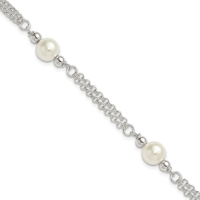 Sterling Silver Polished Double Strand with Glass Pearls 3-Station Bracelet