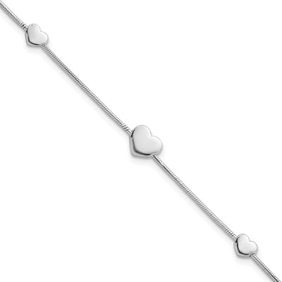 Sterling Silver Rhodium-plated Three Hearts with Extension Bracelet