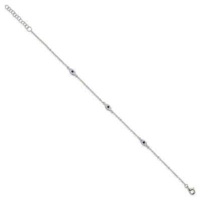 Sterling Silver Polished Blue and White CZ Evil Eye with Extension Bracelet